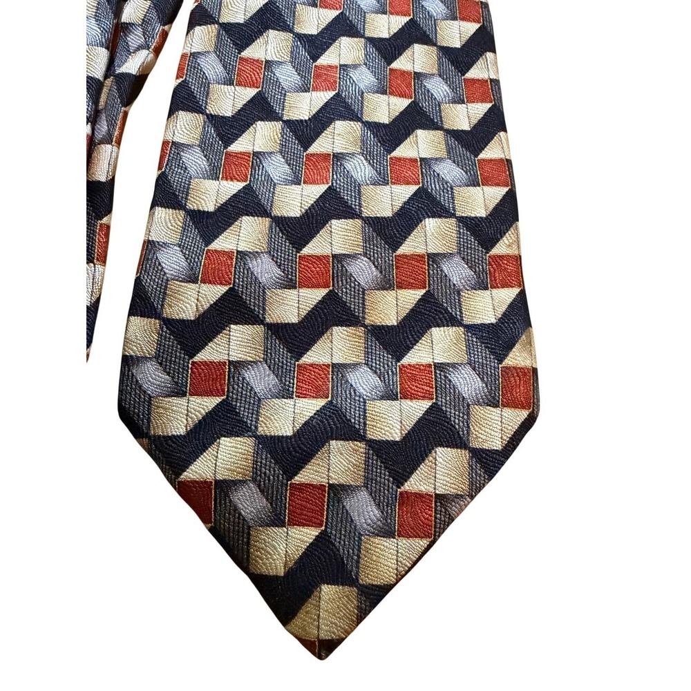 Zianetti Italian Silk Collection Mens Geometric Silk Tie Navy Gold Rust Red